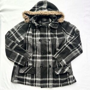 Vintage Y2K YMI Peacoat Plaid Button Up Fur Hood Old Money Size 3XL